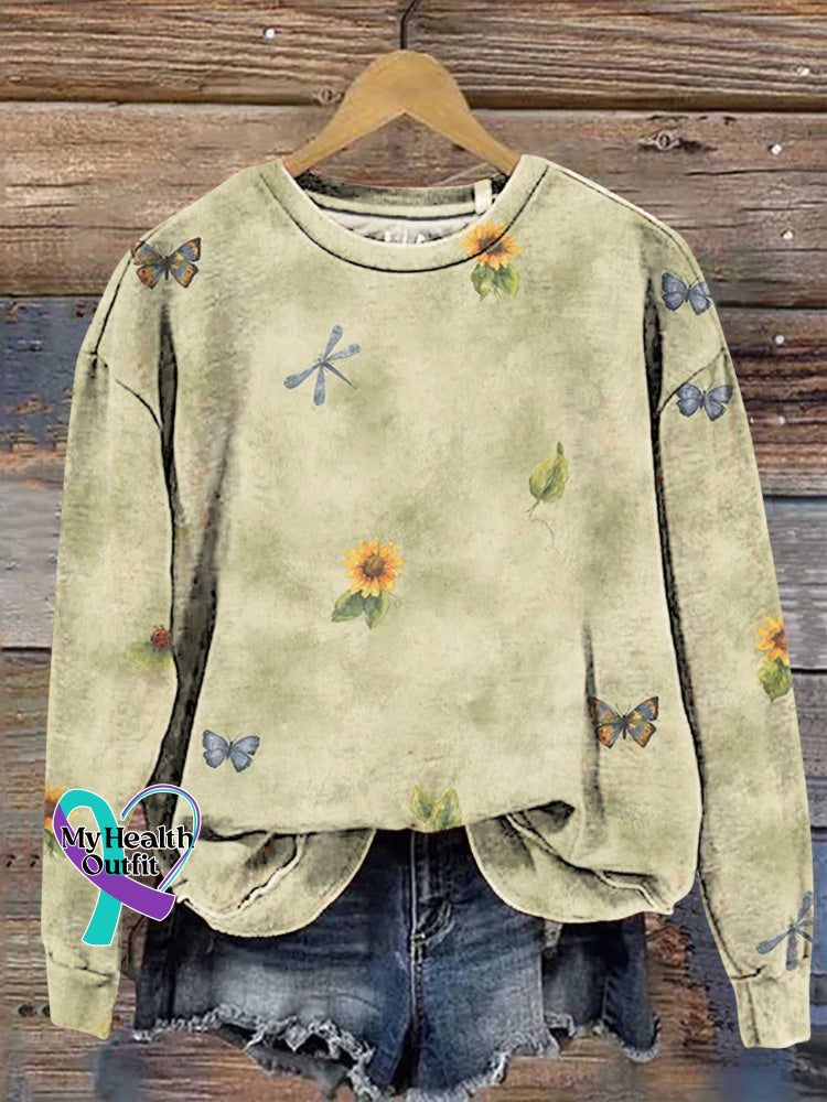 Dragonfly Floral Print Casual Sweatshirt Multicolor / S