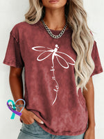 Dragonfly Let It Be Pattern Art Print Retro Distressed Washed Cotton T-shirt Red / S