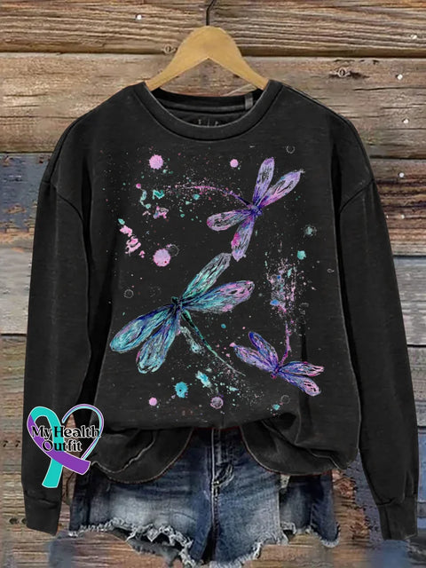 Dragonfly Print Casual Sweatshirt Black / S