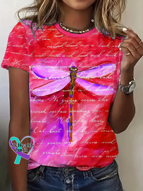 Dragonfly Print T-Shirt Red / S