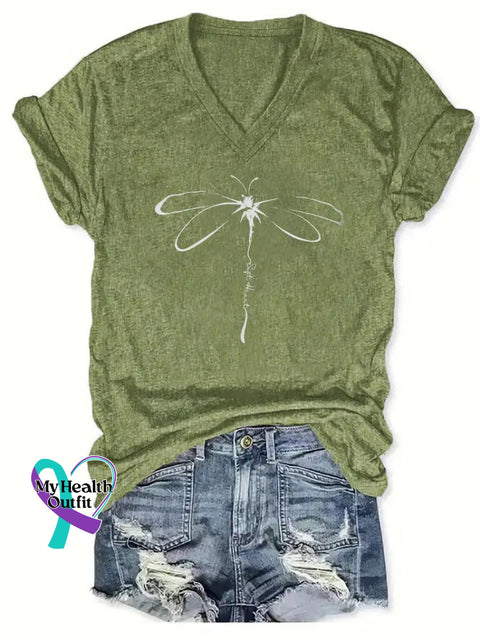 Dragonfly Print V Neck T-Shirt Blue / S