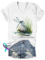 Dragonfly Vintage Art Print V-neck T-shirt White / S