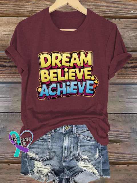 Dream Believe Achieve Printed Casual Round Neck Short Sleeve T-Shirt Brown / S