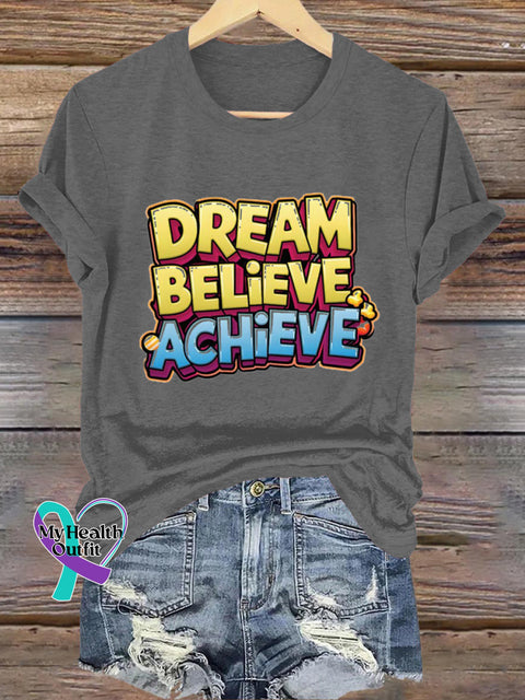 Dream Believe Achieve Printed Casual Round Neck Short Sleeve T-Shirt Grey / S