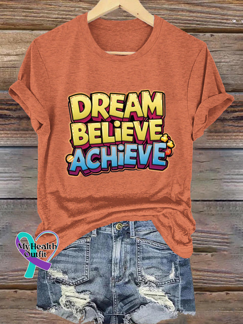 Dream Believe Achieve Printed Casual Round Neck Short Sleeve T-Shirt Orange / S