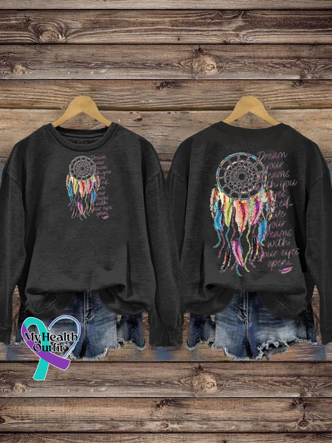 Dreamcatcher Text Print Crew Neck Casual Sweatshirt Black / S