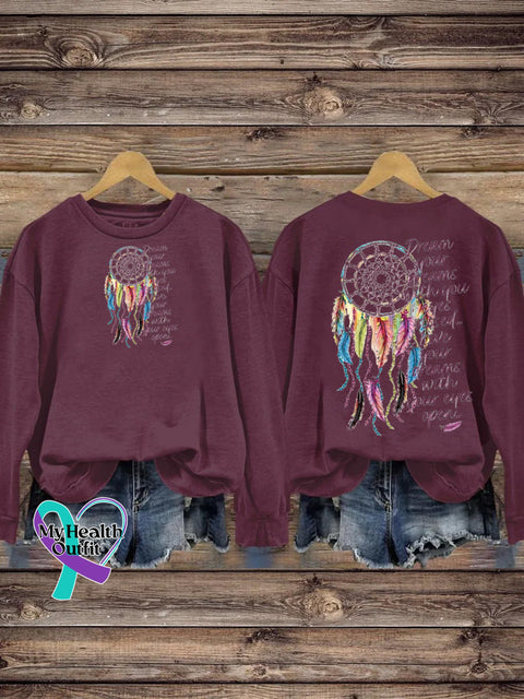 Dreamcatcher Text Print Crew Neck Casual Sweatshirt Claret / S