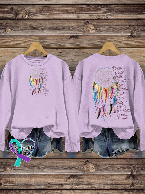 Dreamcatcher Text Print Crew Neck Casual Sweatshirt Purple / S
