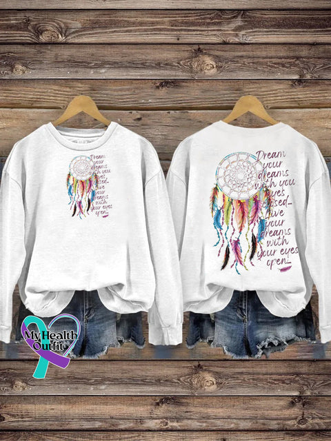 Dreamcatcher Text Print Crew Neck Casual Sweatshirt White / S