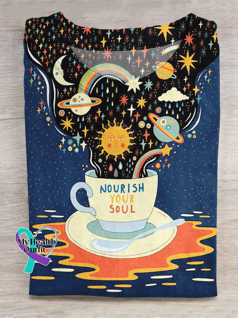 Dreamy Galaxy In The Mug Illustration And ’Nourish Your Soul’ Healing Texts Printed T-Shirt