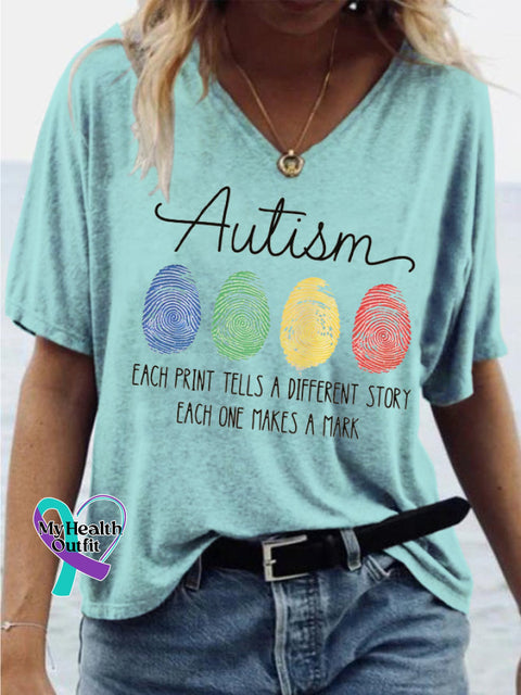 Each Print Tells a Different Story Each Print is Mark Autism Print Casual Loose V-Neck Short Sleeve T-Shirt Multicolor
