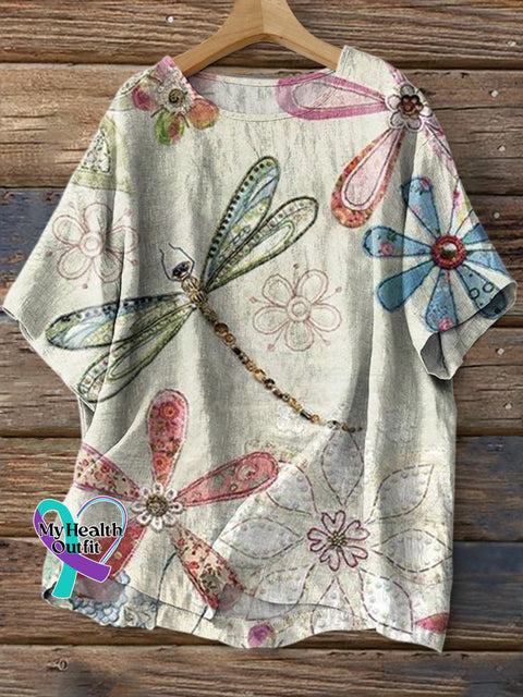 Elegant Dragonfly Print Casual Round Collar Cotton Linen Shirt Multicolor / S