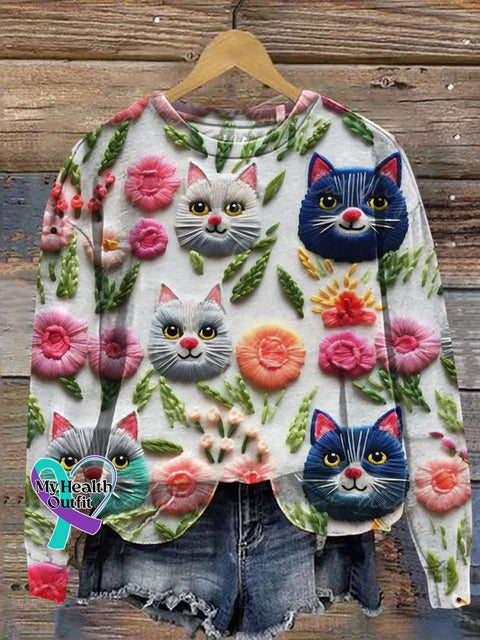 Embroidered Flowers And Cat Art Print Casual Sweatshirt White / S