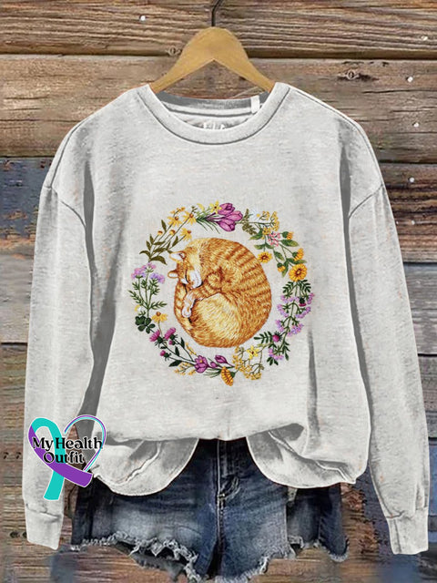 Embroidered Garland Cat Art Print Casual Sweatshirt White / S