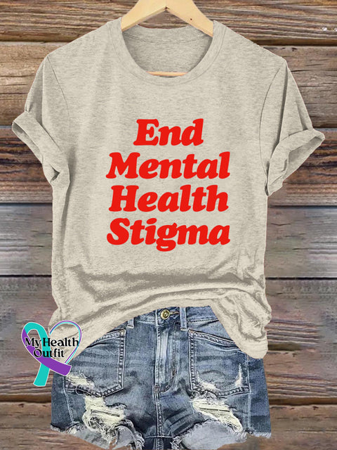 End Mental Health Stigma Printed Casual Crew Neck Short Sleeve T-Shirt Beige / S