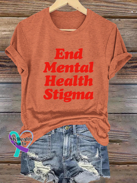 End Mental Health Stigma Printed Casual Crew Neck Short Sleeve T-Shirt Orange / S