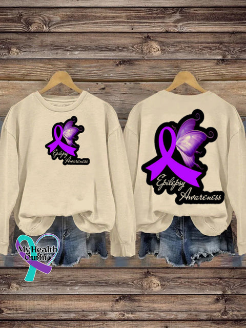 Epilepsy Awareness Purple Ribbon Butterfly Print Casual Crew Neck Sweatshirt Beige / S