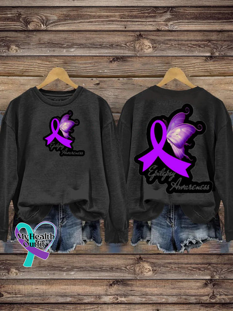 Epilepsy Awareness Purple Ribbon Butterfly Print Casual Crew Neck Sweatshirt Black / S