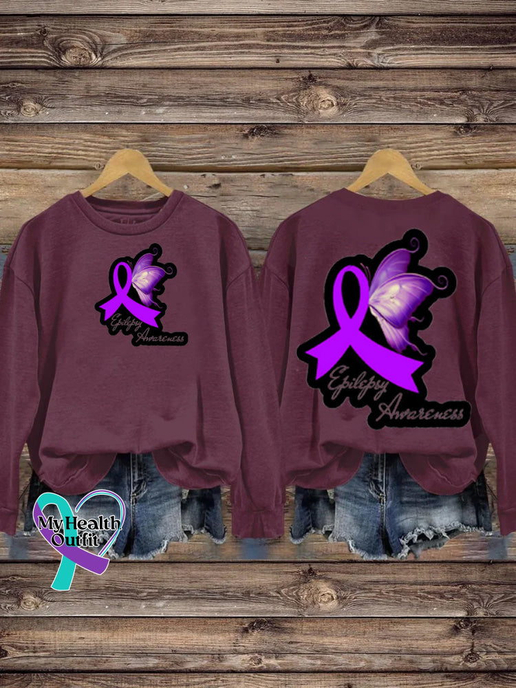 Epilepsy Awareness Purple Ribbon Butterfly Print Casual Crew Neck Sweatshirt Brown / S