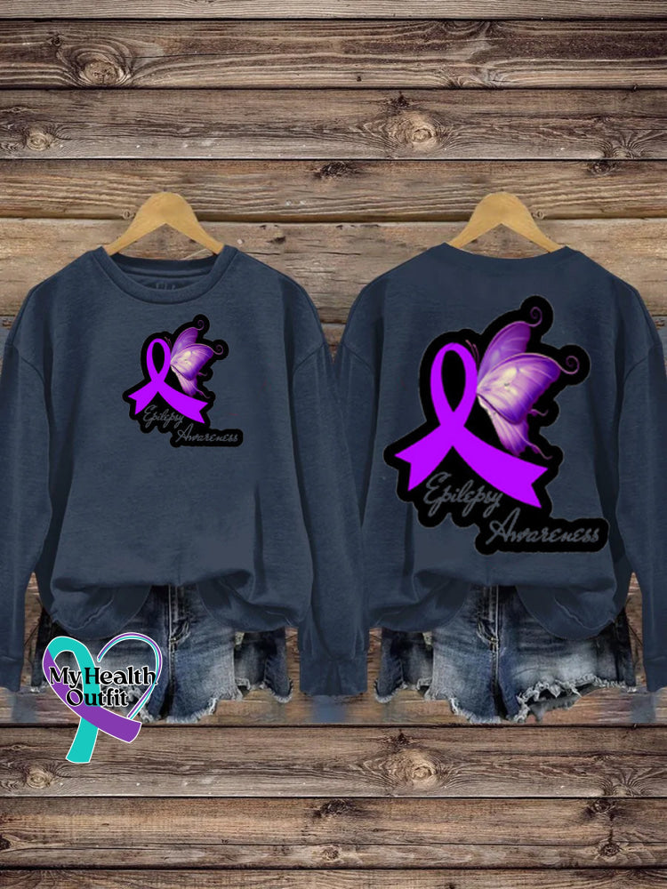 Epilepsy Awareness Purple Ribbon Butterfly Print Casual Crew Neck Sweatshirt NavyBlue / S