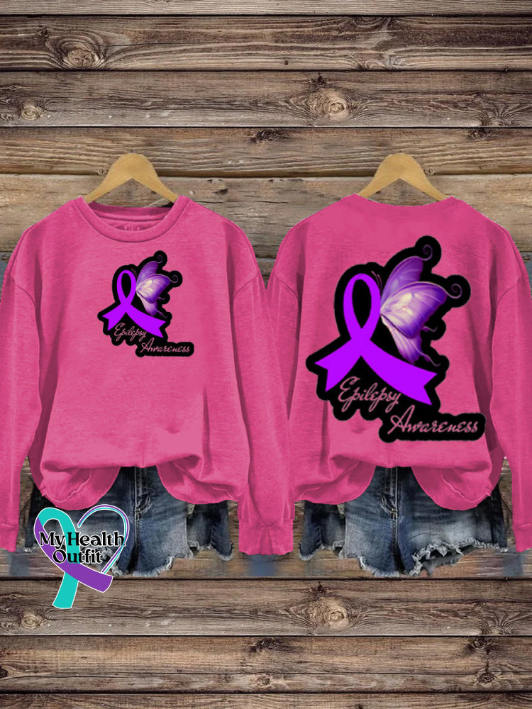 Epilepsy Awareness Purple Ribbon Butterfly Print Casual Crew Neck Sweatshirt RoseRed / S