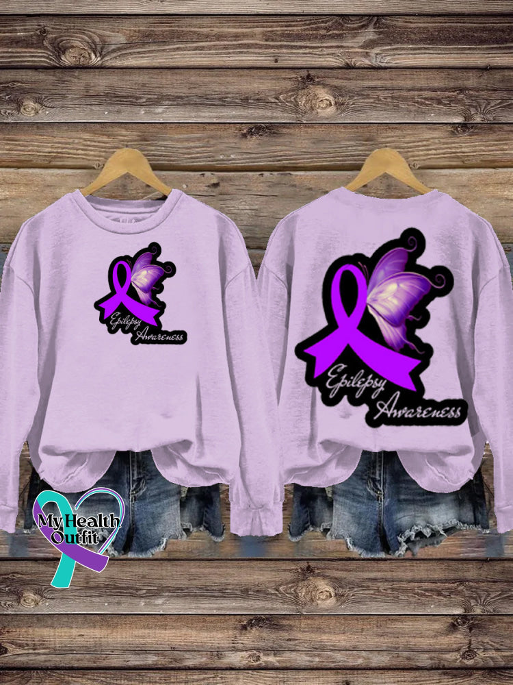 Epilepsy Awareness Purple Ribbon Butterfly Print Casual Crew Neck Sweatshirt Purple / S