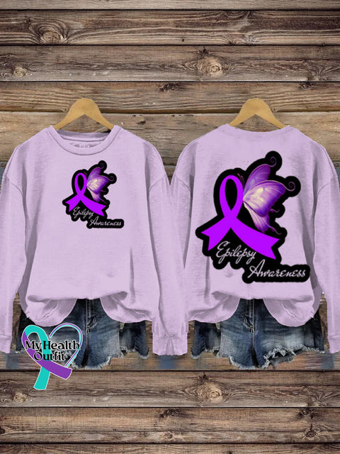 Epilepsy Awareness Purple Ribbon Butterfly Print Casual Crew Neck Sweatshirt Purple / S