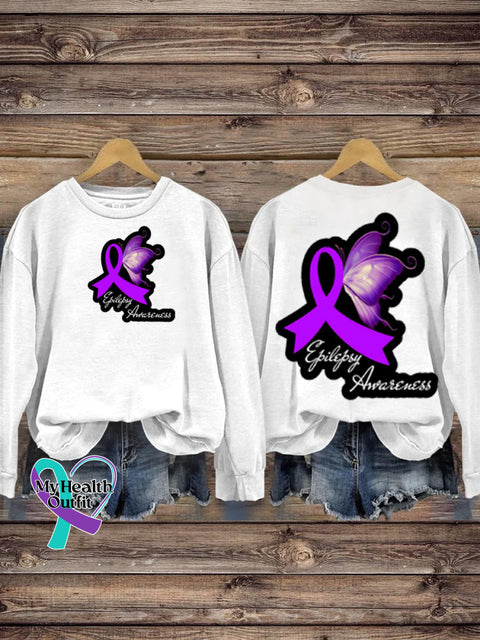Epilepsy Awareness Purple Ribbon Butterfly Print Casual Crew Neck Sweatshirt White / S