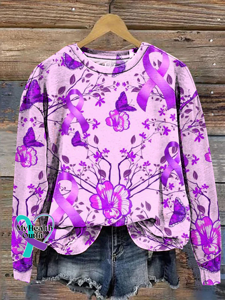 Epilepsy Awareness Purple Ribbon Full Print Casual Crew Neck Sweatshirt Multicolor / S