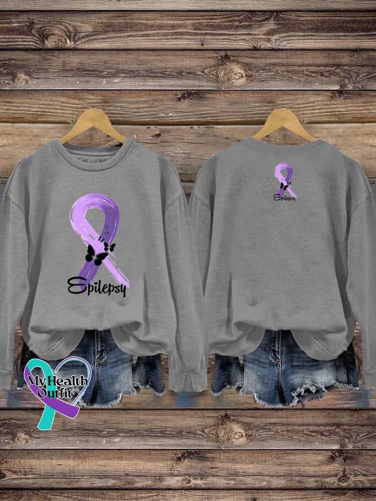 Epilepsy Purple Ribbon Butterfly Print Casual Crew Neck Sweatshirt Grey / S