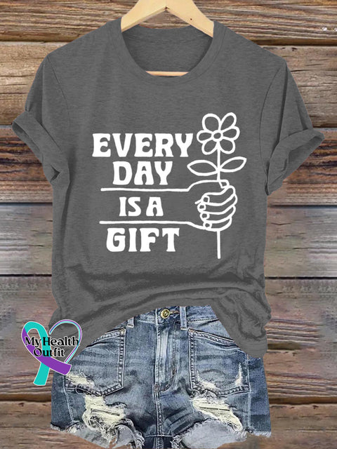 Every Day Is A Gift Printed Casual Crew Neck Short Sleeve T-Shirt Grey / S