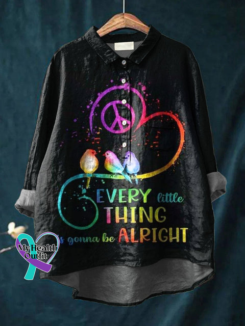 Every Little Thing Is Gonna Be Alright Art Print Casual Cotton And Linen Shirt Black / S