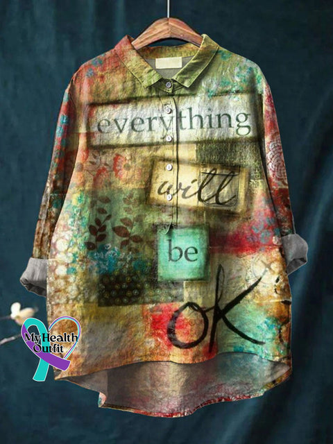 Everything Will Be Ok Art Print Casual Cotton And Linen Shirt Multicolor / S