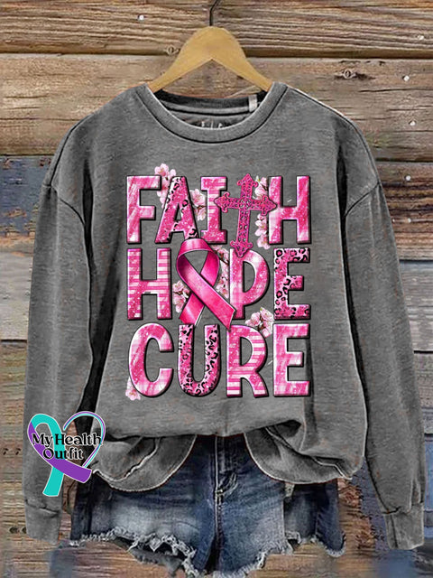 Faith Hope Cure Cancer Awareness Print Casual Sweatshirt Grey / S