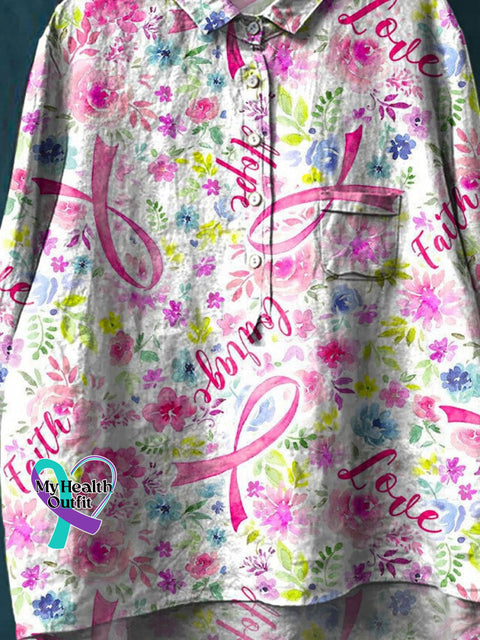 Faith Hope Love Breast Cancer Awareness Art Print Casual Cotton And Linen Shirt