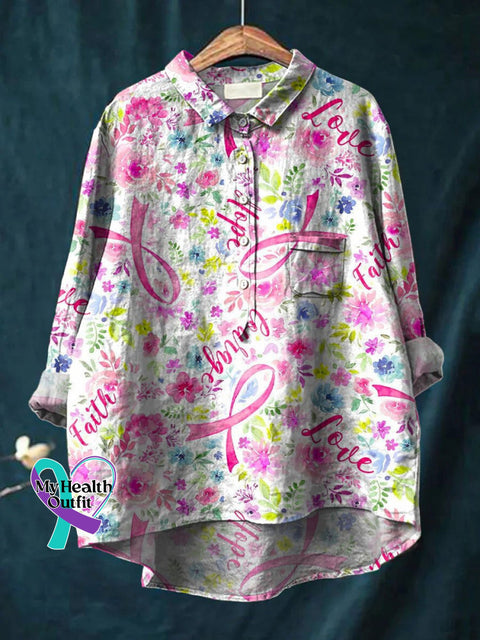 Faith Hope Love Breast Cancer Awareness Art Print Casual Cotton And Linen Shirt Multicolor / S