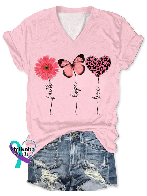 Faith Hope Love Breast Cancer Awareness Art Print V-neck Casual T-Shirt Pink / S