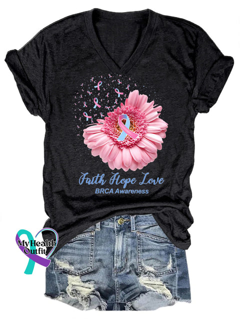 Faith Hope Love Breast Cancer Awareness V-Neck Casual Short Sleeve T-Shirt Black / S