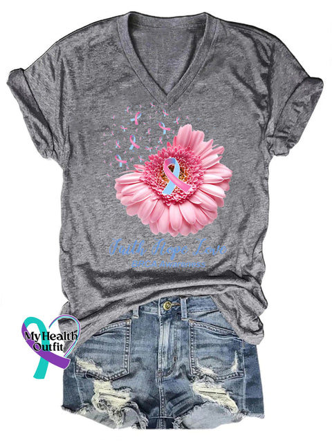 Faith Hope Love Breast Cancer Awareness V-Neck Casual Short Sleeve T-Shirt Grey / S