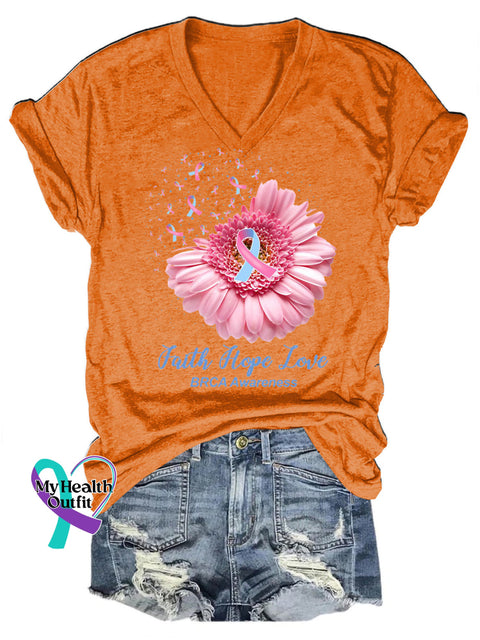 Faith Hope Love Breast Cancer Awareness V-Neck Casual Short Sleeve T-Shirt Orange / S
