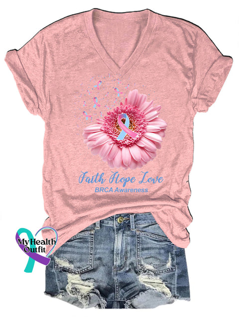 Faith Hope Love Breast Cancer Awareness V-Neck Casual Short Sleeve T-Shirt Pink / S