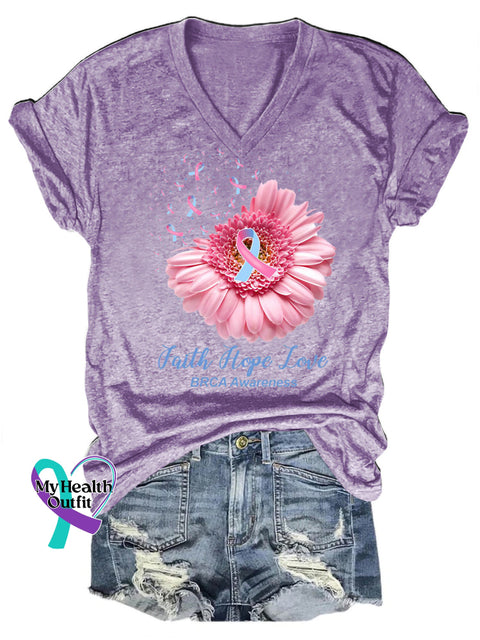 Faith Hope Love Breast Cancer Awareness V-Neck Casual Short Sleeve T-Shirt Purple / S