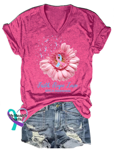 Faith Hope Love Breast Cancer Awareness V-Neck Casual Short Sleeve T-Shirt RoseRed / S