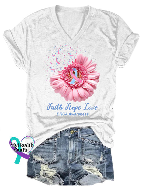 Faith Hope Love Breast Cancer Awareness V-Neck Casual Short Sleeve T-Shirt White / S