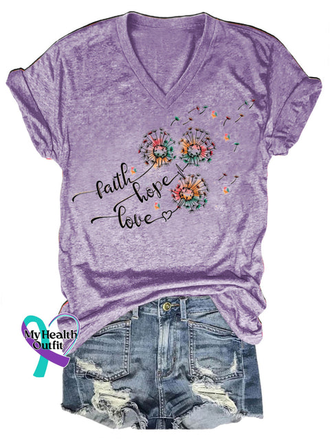 Faith Hope Love Dandelion Print V-Neck Casual Short Sleeve T-Shirt