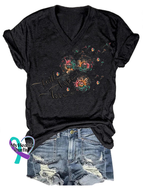Faith Hope Love Dandelion Print V-Neck Casual Short Sleeve T-Shirt Black / S