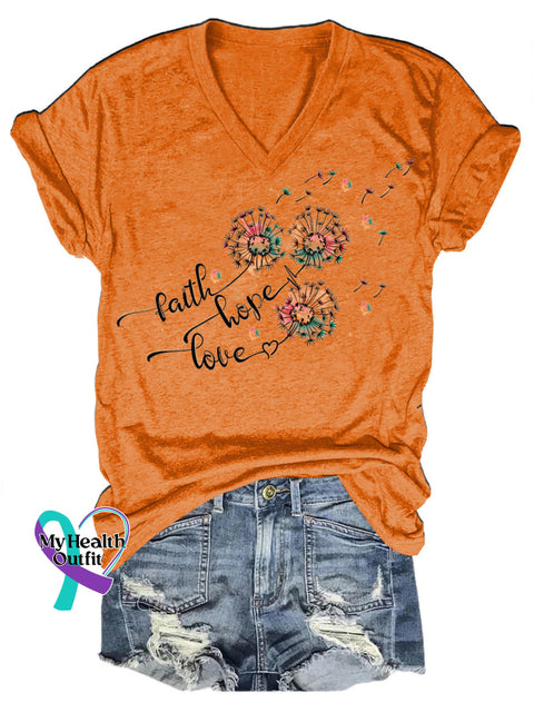 Faith Hope Love Dandelion Print V-Neck Casual Short Sleeve T-Shirt Orange / S