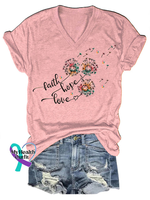 Faith Hope Love Dandelion Print V-Neck Casual Short Sleeve T-Shirt Pink / S