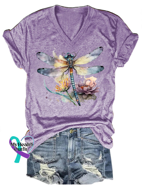 Faith Hope Love Dandelion Print V-Neck Casual Short Sleeve T-Shirt Purple / S