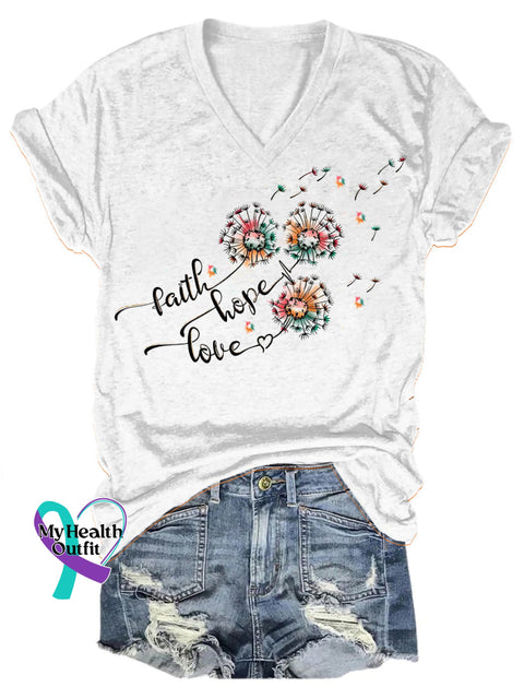Faith Hope Love Dandelion Print V-Neck Casual Short Sleeve T-Shirt White / S